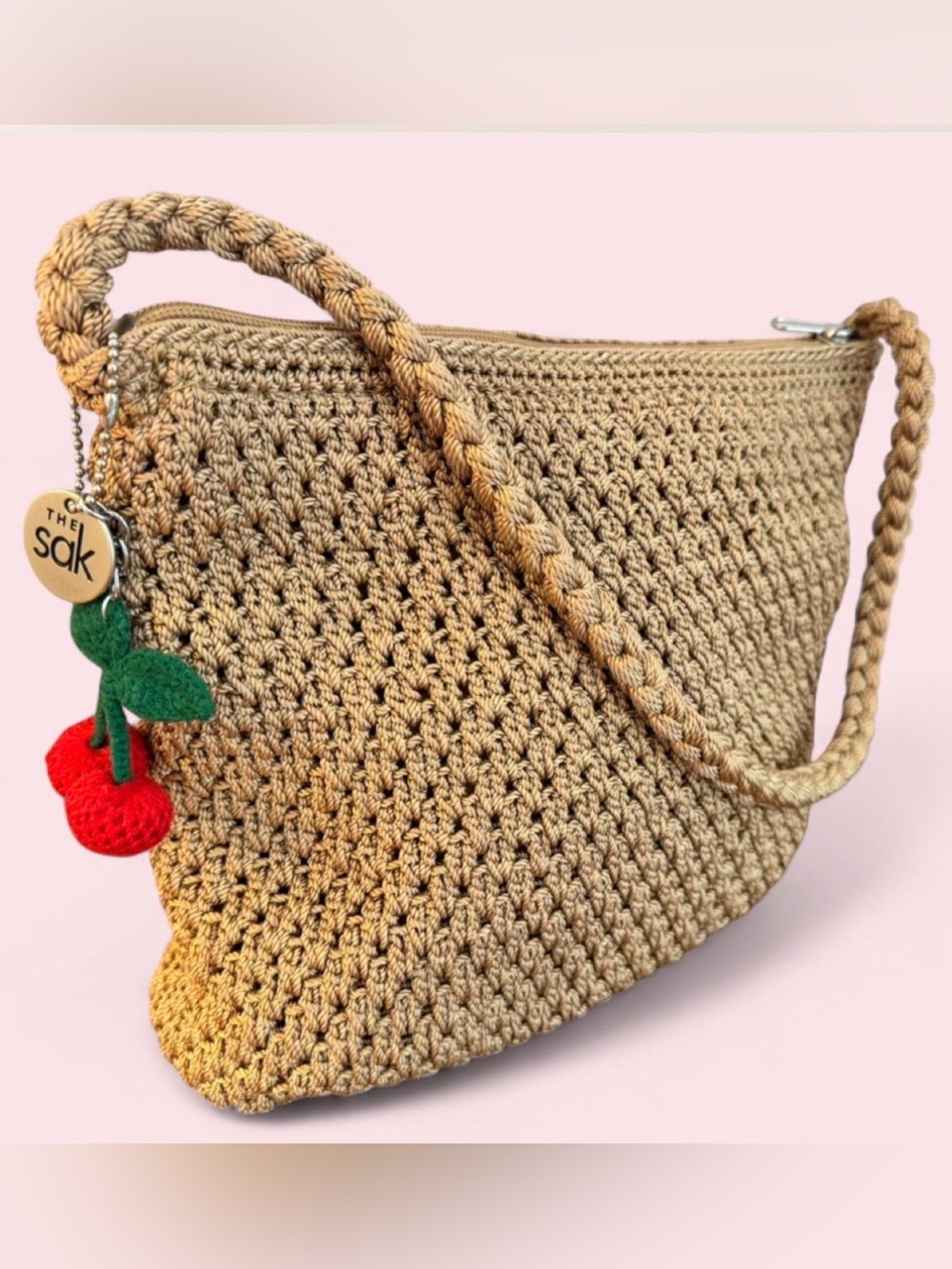 The Sak Gold Crochet Shoulder Bag w/BONUS Crocheted Cherries 🍒 Bag Charm/Keyring - Picture 5 of 9
